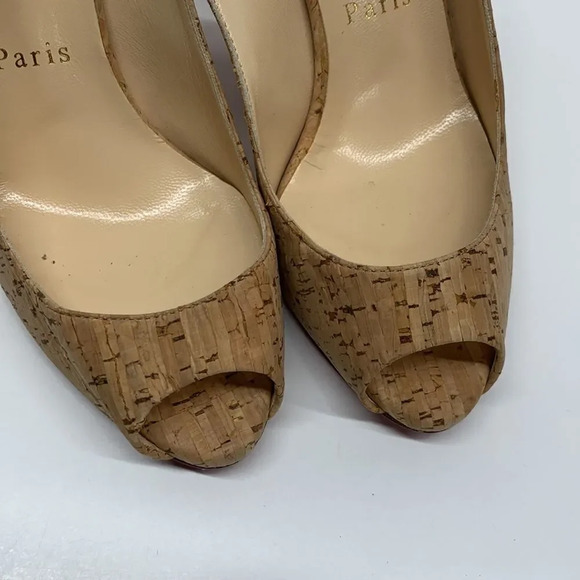 Christian Louboutin Peep Toe Sling Back Light Brown Cork Heels Size 35.5 | 5.5 - Picture 3 of 14